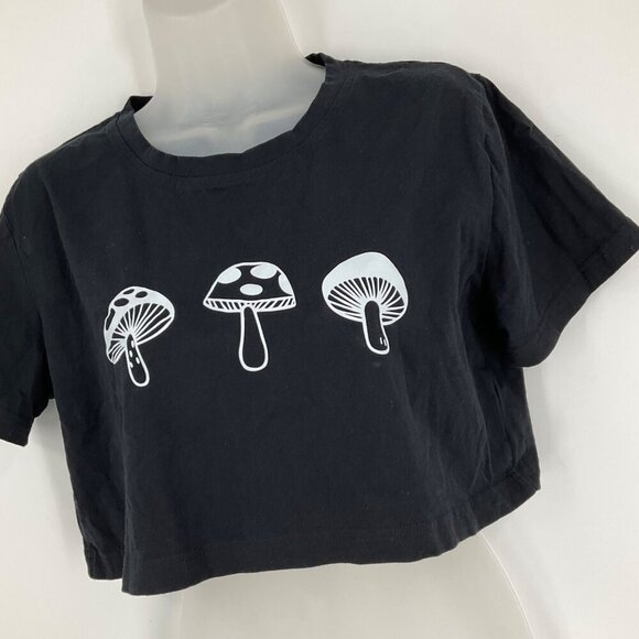 Mushroom Print Black Crop Top T-Shirt Medium boho y2k boho - Picture 2 of 6